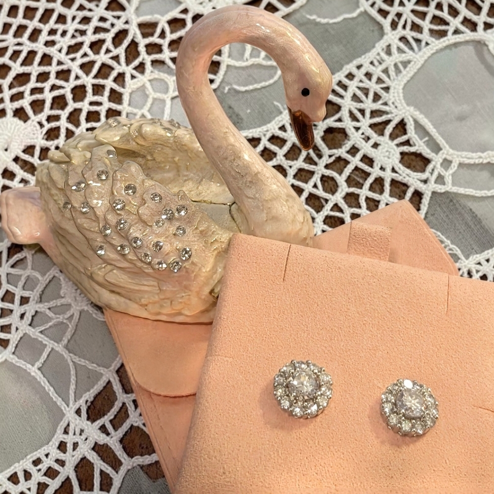 Dazzling Cosmic CZ Halo Silver Stud Earrings W/ Swan Trinket Dish